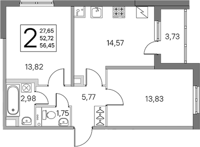 2-комнатная квартира 52.72 м², 2/5 эт., ЖК «ЮгТаун. Олимпийские кварталы»